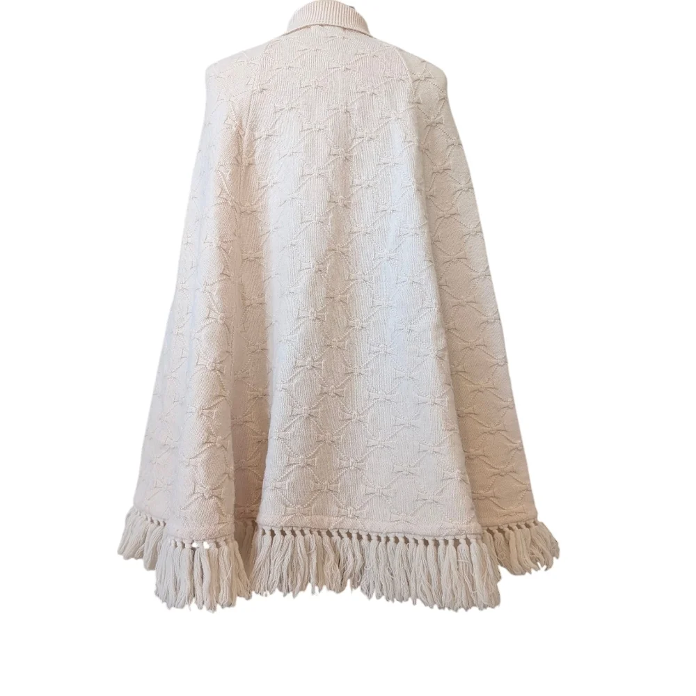 Vintage Cuddle Knit fringed, button up, knit capelet W arm holes. Medium